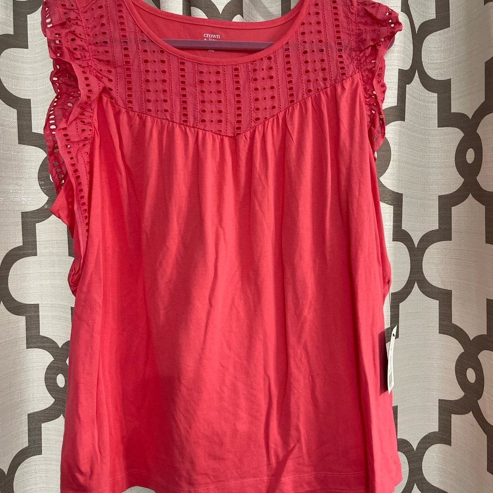 Crown & Ivy Coral Eyelet Ruffle Sleeve Blouse